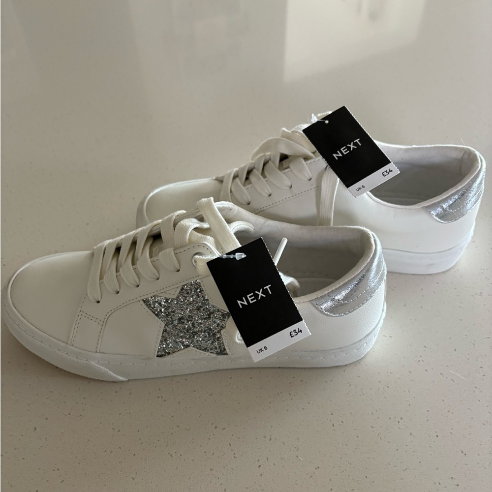 BNWT Next White Sneakers with Glitter Star, purchased in the U.K. White, Size 8